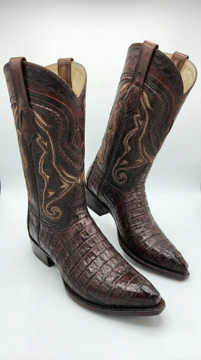 Los Altos Caiman Tail Cowboy Boots for Men – Faded Brown Pointed Toe Western Boots