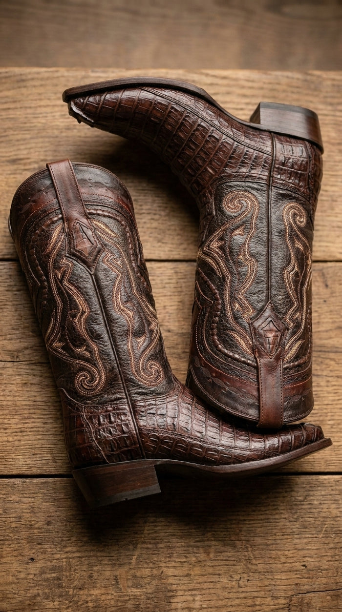 Los Altos Caiman Tail Cowboy Boots for Men – Faded Brown Pointed Toe Western Boots