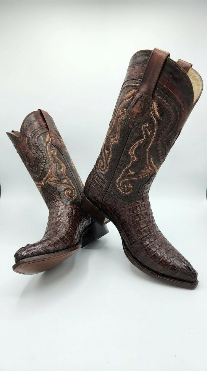 Los Altos Caiman Tail Cowboy Boots for Men – Faded Brown Pointed Toe Western Boots