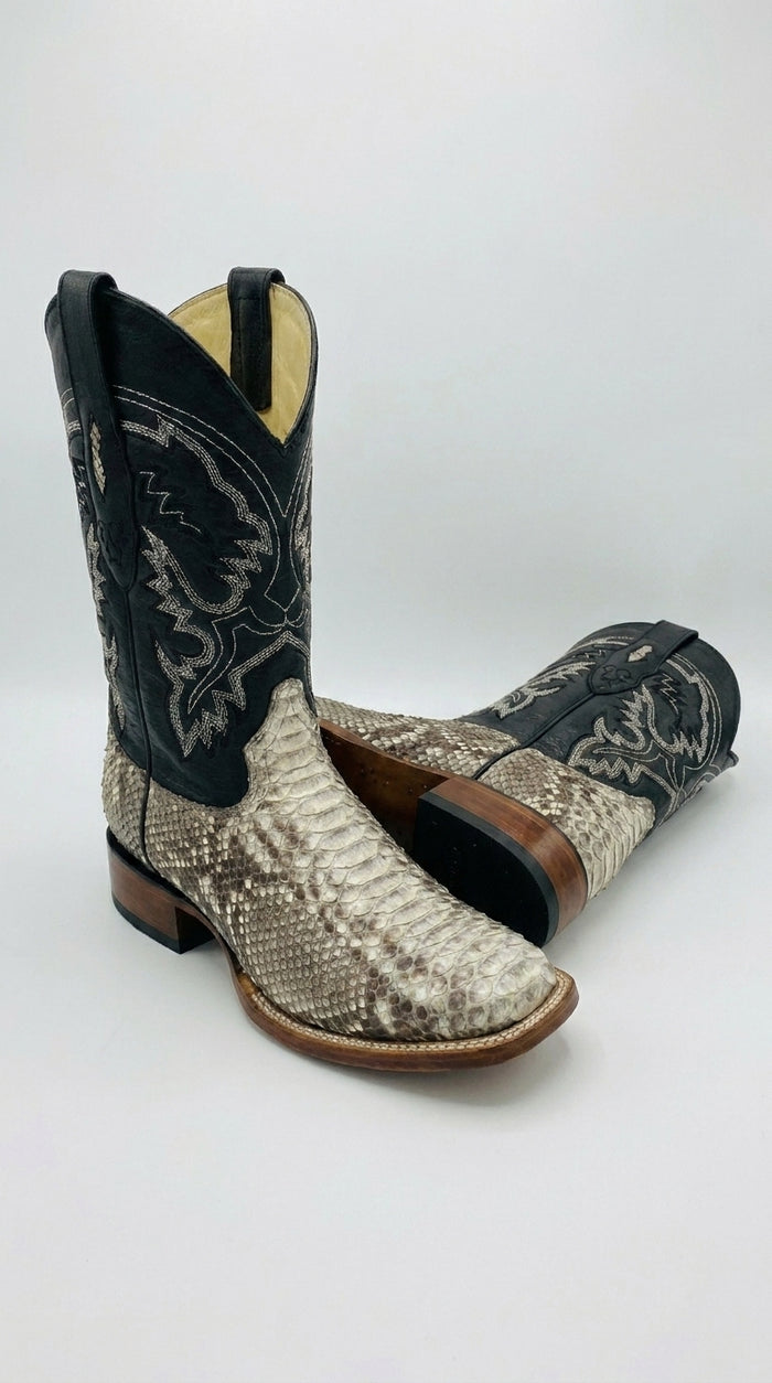 Men’s Natural Python Square Toe Boots, Exotic Western Cowboy Dress Boots