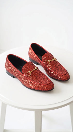 Bravo Men’s Red Glitter Sequin Prom Loafers, Modern Formal Tuxedo Dress Shoes
