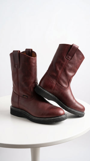 Los Altos Men’s Burgundy Grasso Nappa Leather Work Boots, Pull-On Western Work Boots – Botines Para Hombre