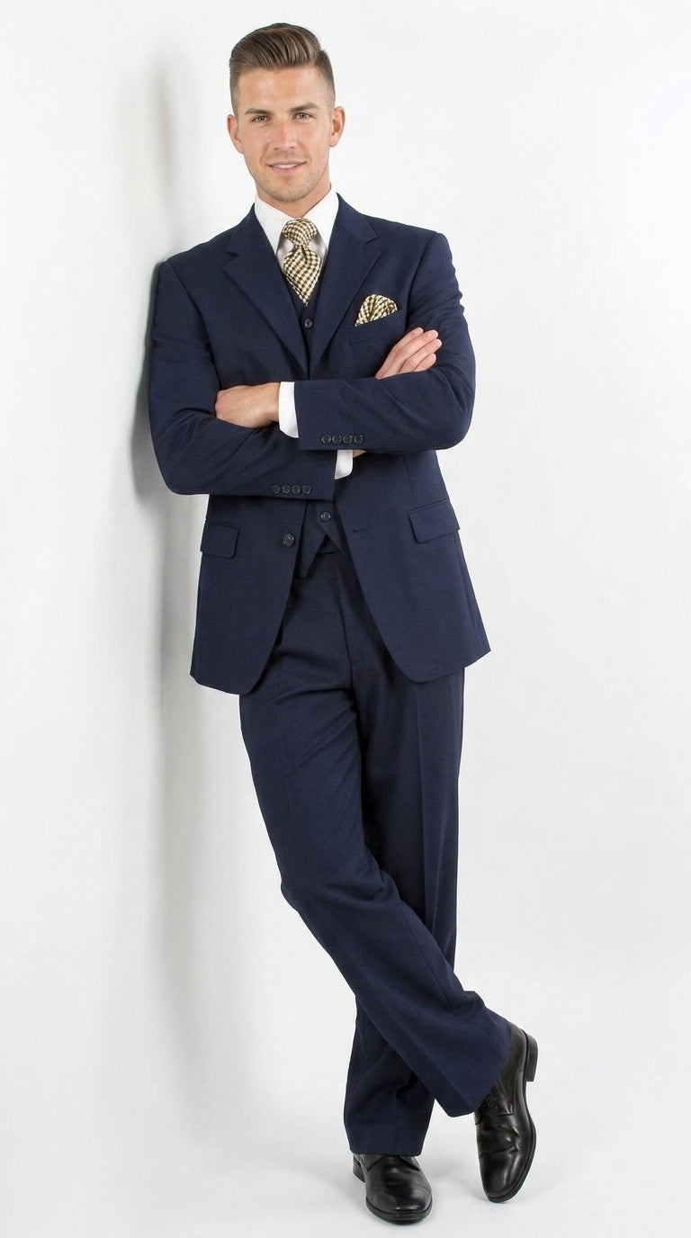 Men’s Black 3-Piece Suit – Classic Fit Three-Button Vested Suit with Single-Pleated Pants