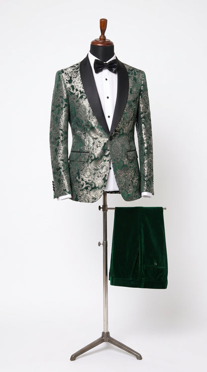 Men’s Emerald Green and Gold Floral Jacquard Tuxedo Suit, Black Satin Shawl Lapel Wedding Prom Formal Suit