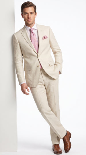 Men’s Natural Linen 2 Piece Suit, Regular Fit Summer Wedding Beach Dress Suit