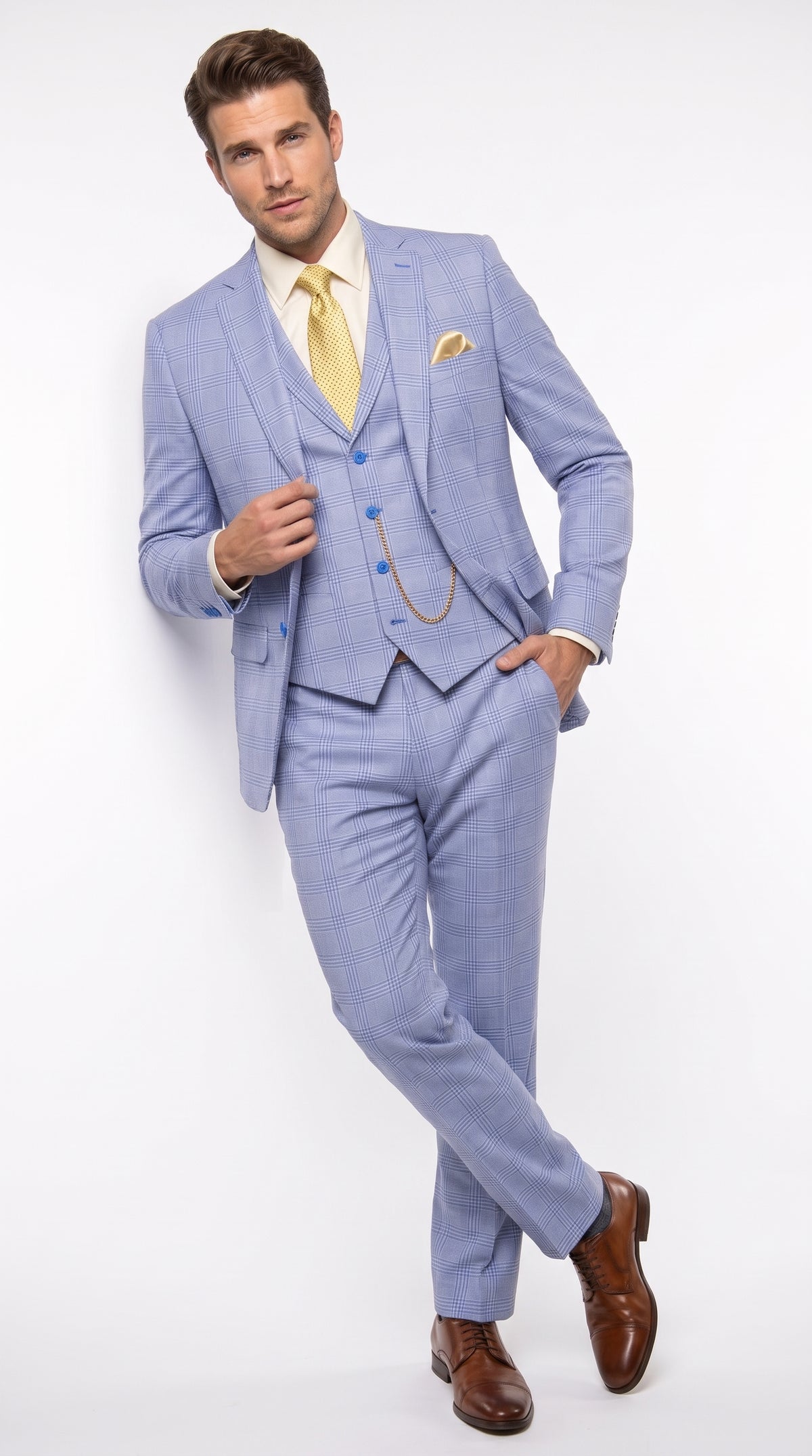 Men’s Sky Blue Glen Plaid 3 Piece Suit SV2W6, Windowpane Checkered Vested Formal Wedding Prom Suit