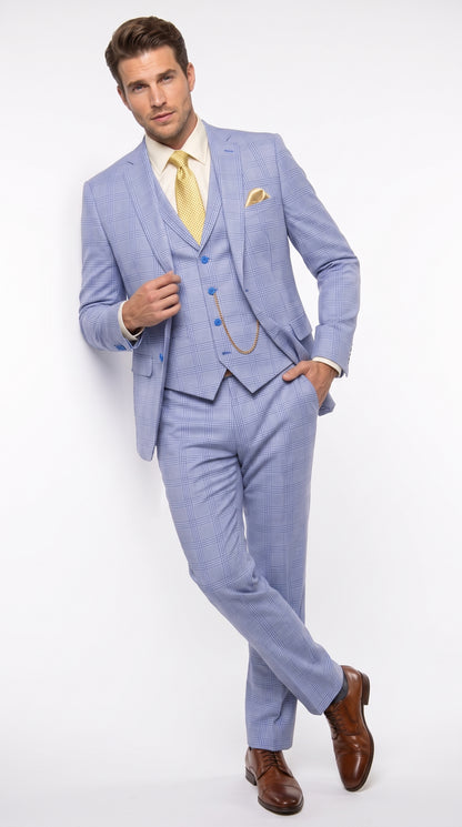 Men’s Sky Blue Glen Plaid 3 Piece Suit SV2W6, Windowpane Checkered Vested Formal Wedding Prom Suit