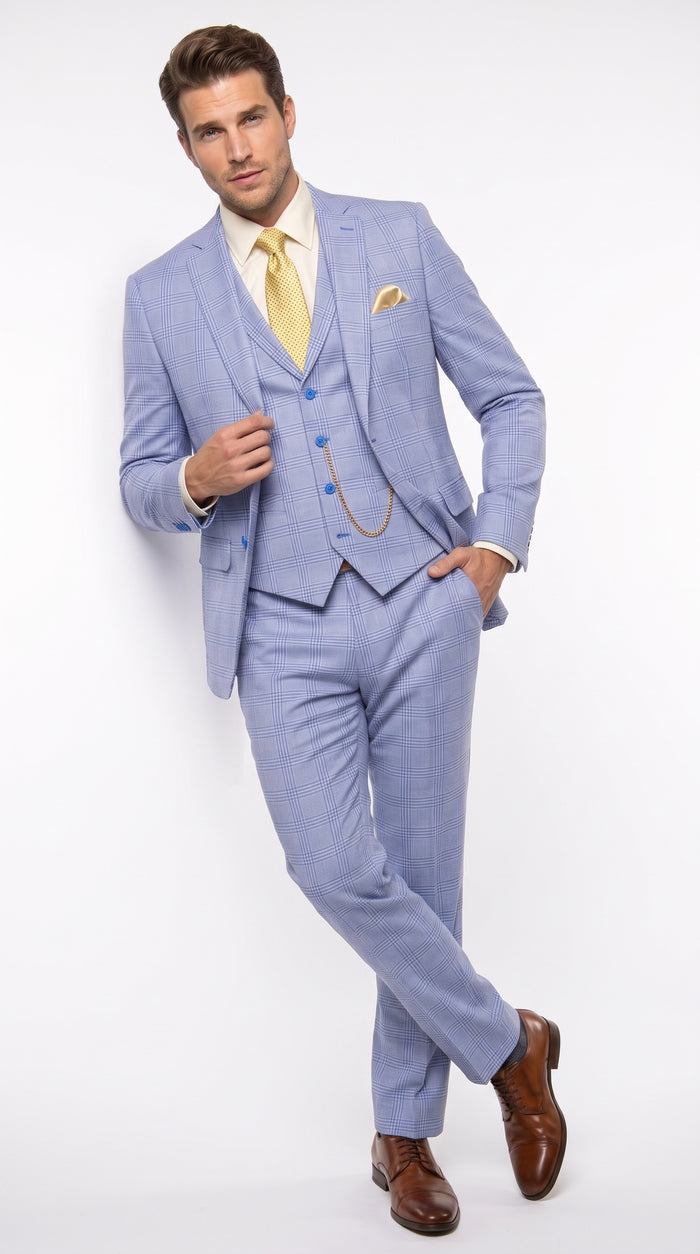 Men’s Sky Blue Glen Plaid 3 Piece Suit SV2W6, Windowpane Checkered Vested Formal Wedding Prom Suit