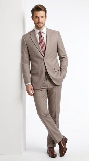 Men’s Tan Beige Shadow Stripe Suit, 2 Button Pinstripe Business Wedding Suit