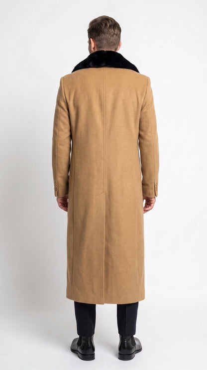 Men’s Camel Wool Full-Length Top Coat with Black Fur Collar – Classic Winter Overcoat