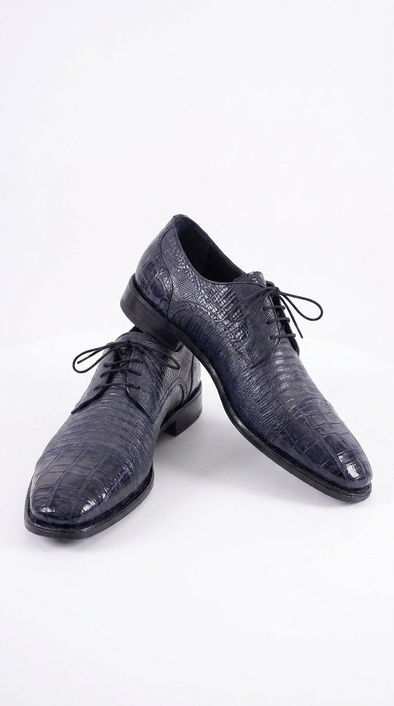 Los Altos Men’s Navy Teju Lizard and Caiman Oxford Shoes, Exotic Lace-Up Formal Dress Shoes