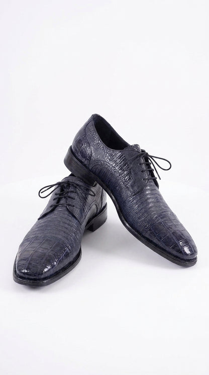 Los Altos Men’s Navy Teju Lizard and Caiman Oxford Shoes, Exotic Lace-Up Formal Dress Shoes