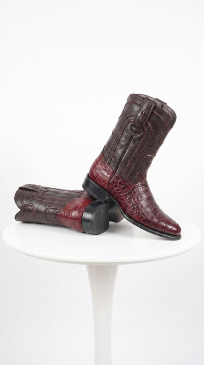 Los Altos Men’s Cherry Black Genuine Caiman Belly Roper Toe Boots, Exotic Western Dress Boots