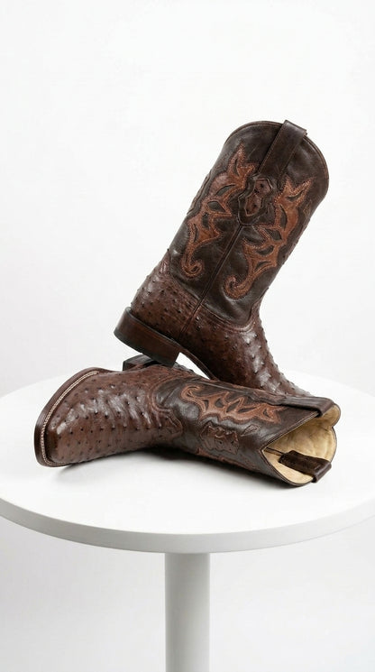 Men’s Brown Square Toe Ostrich Boots, Exotic Western Cowboy Dress Boots