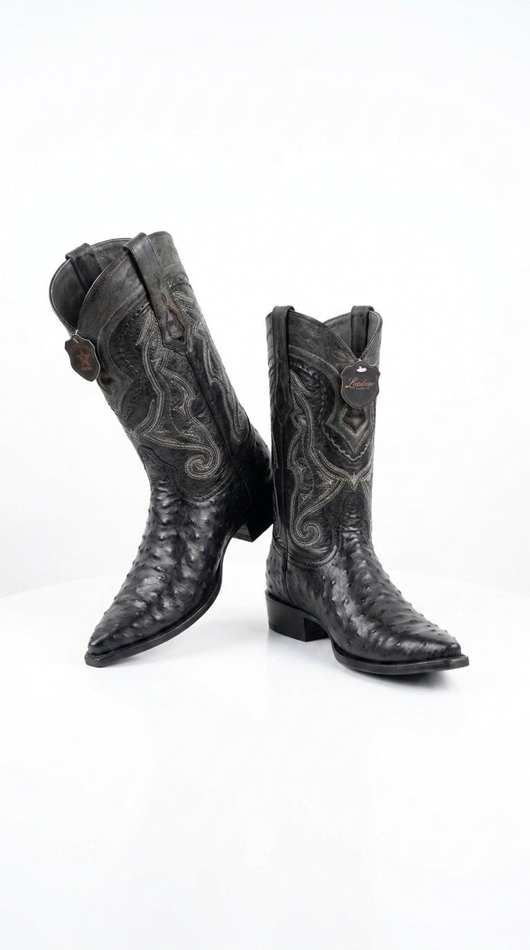 Los Altos Men’s Black Ostrich Pointed Toe Cowboy Boots, 1.5 Inch Walking Heel Botas De Avestruz