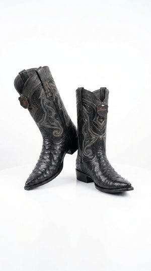 Los Altos Men’s Black Ostrich Pointed Toe Cowboy Boots, 1.5 Inch Walking Heel Botas De Avestruz