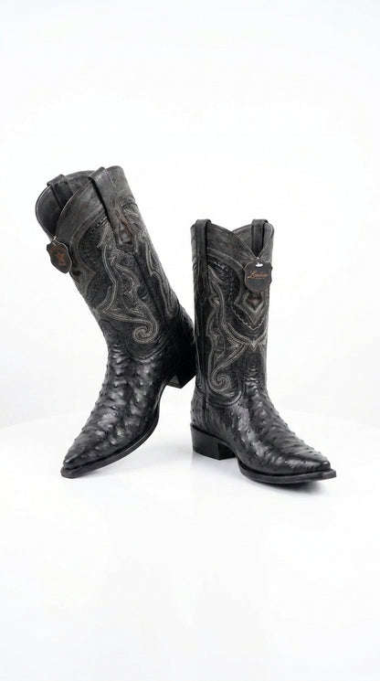 Los Altos Men’s Black Ostrich Pointed Toe Cowboy Boots, 1.5 Inch Walking Heel Botas De Avestruz