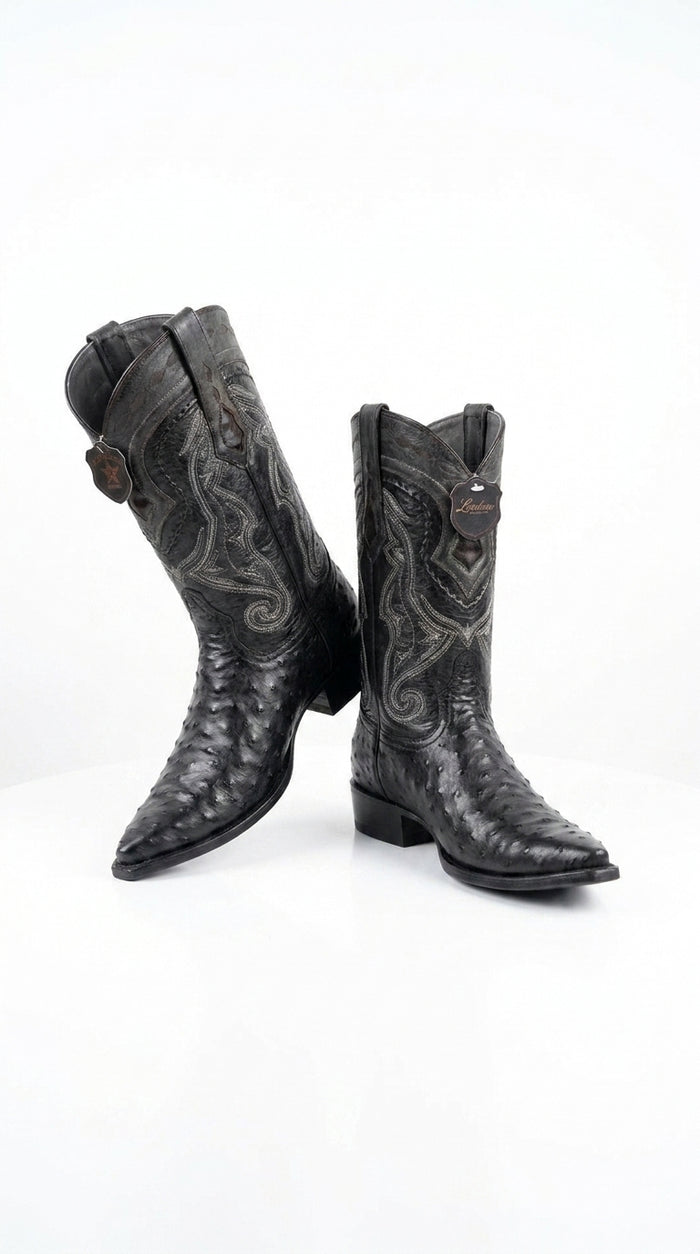 Los Altos Men’s Black Ostrich Pointed Toe Cowboy Boots, 1.5 Inch Walking Heel Botas De Avestruz