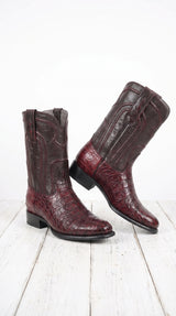 Los Altos Men’s Cherry Black Genuine Caiman Belly Roper Toe Boots, Exotic Western Dress Boots