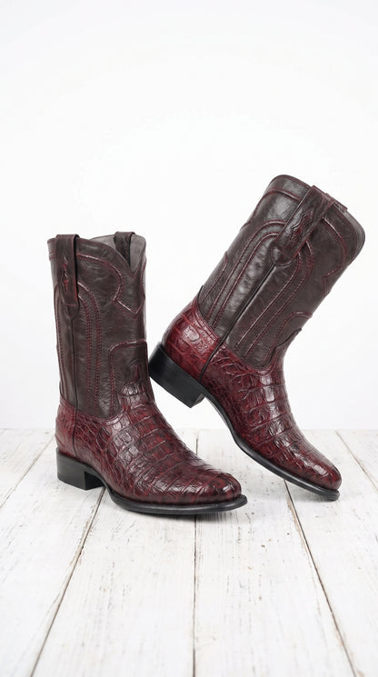 Los Altos Men’s Cherry Black Genuine Caiman Belly Roper Toe Boots, Exotic Western Dress Boots
