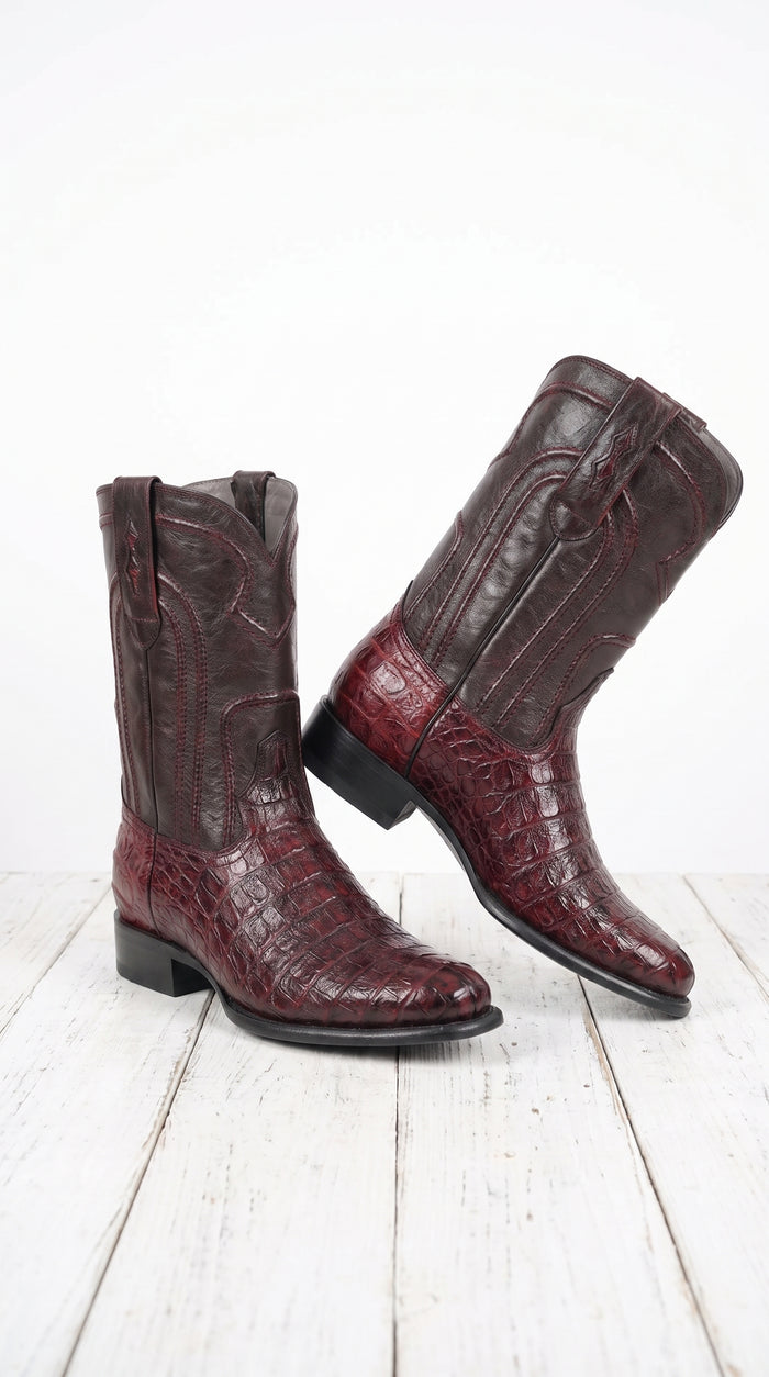 Los Altos Men’s Cherry Black Genuine Caiman Belly Roper Toe Boots, Exotic Western Dress Boots
