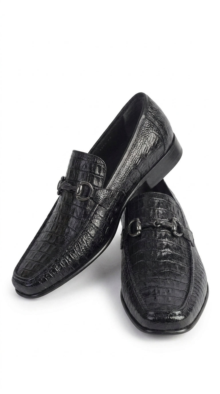 Los Altos Men’s Black Caiman Belly and Lizard Slip-On Dress Shoes, Exotic Bit Loafers