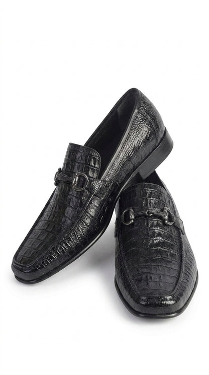 Los Altos Men’s Black Caiman Belly and Lizard Slip-On Dress Shoes, Exotic Bit Loafers