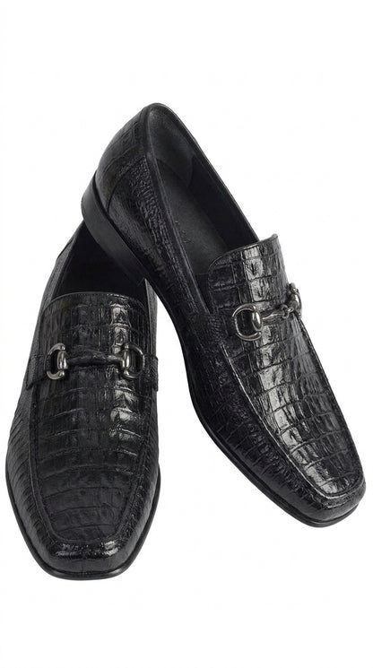 Los Altos Men’s Black Caiman Belly and Lizard Slip-On Dress Shoes, Exotic Bit Loafers