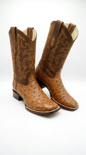 Los Altos Men’s Amber Ostrich Skin Wide Square Toe Boots, Exotic Western Cowboy Dress Boots