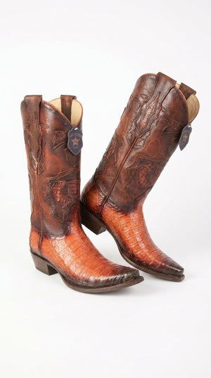 Los Altos Men’s Faded Cognac Caiman Snip Toe Cowboy Boots, Exotic Western Dress Boots