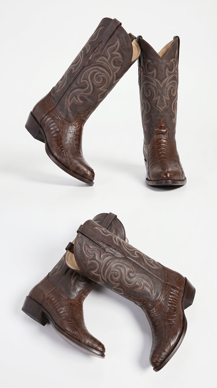 Los Altos Men’s Brown Ostrich Leg Cowboy Boots, J-Toe Exotic Western Dress Boots