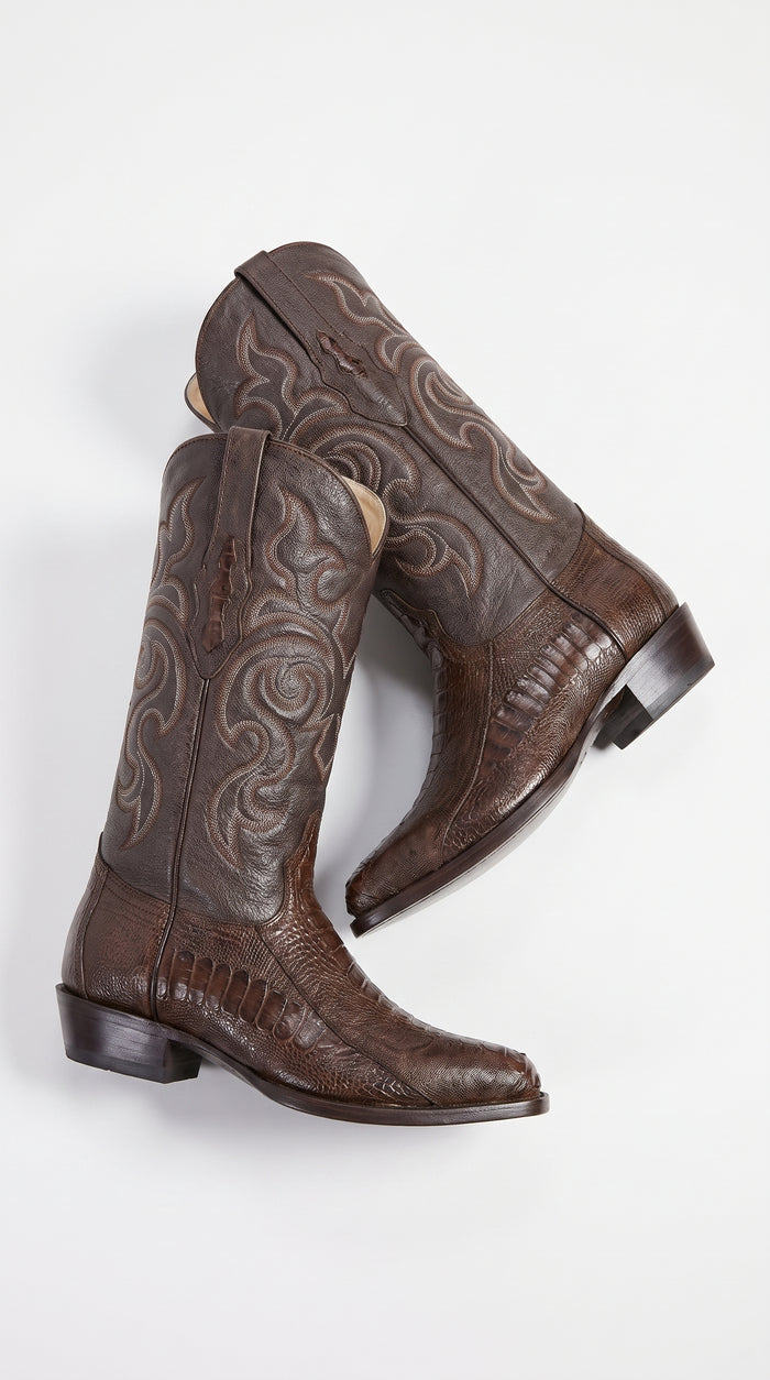 Los Altos Men’s Brown Ostrich Leg Cowboy Boots, J-Toe Exotic Western Dress Boots