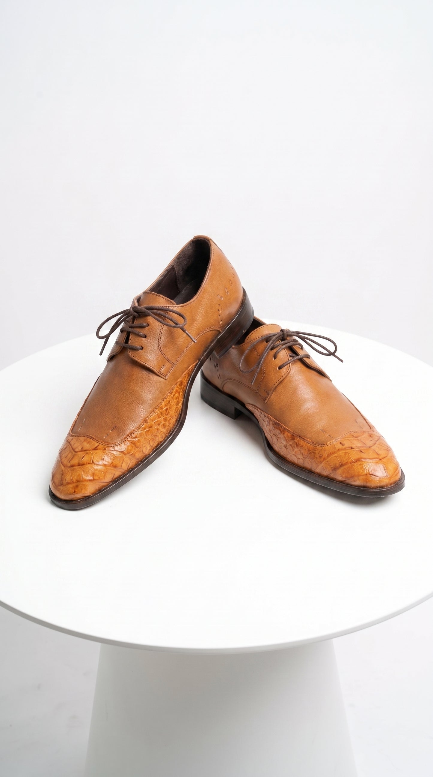 Vestigium Men’s Cognac Genuine Caiman Belly Derby Shoes, Exotic Lace-Up Formal Dress Shoes