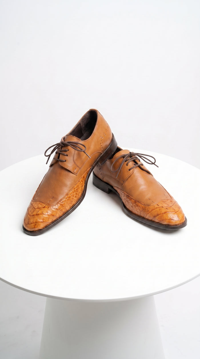 Vestigium Men’s Cognac Genuine Caiman Belly Derby Shoes, Exotic Lace-Up Formal Dress Shoes