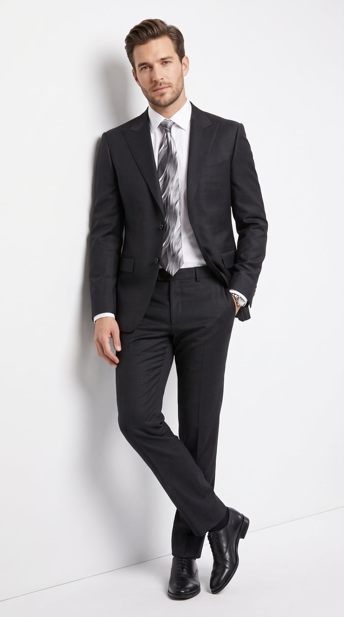 Men's Extra Fine Wool Black Suit – Classic 2 Button Peak Lapel Formal Business & Wedding Suit (Also Available in Dark Navy)