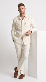 Men’s Off White Casual Safari Suit, Modern Fit Pocket Front Summer Walking Suit