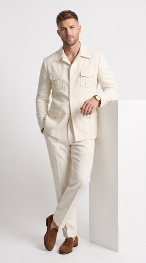Men’s Off White Casual Safari Suit, Modern Fit Pocket Front Summer Walking Suit