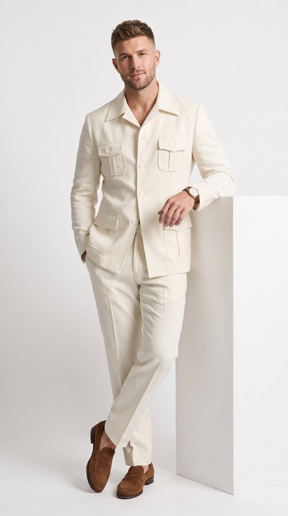 Men’s Off White Casual Safari Suit, Modern Fit Pocket Front Summer Walking Suit