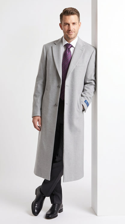 Men’s Gray Two Button Long Overcoat, Winter Dress Topcoat Formal Coat