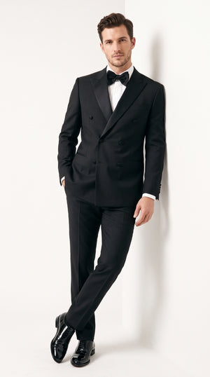 Men’s Black Designer Double Breasted Wool Tuxedo, Formal Wedding Prom Evening Suit