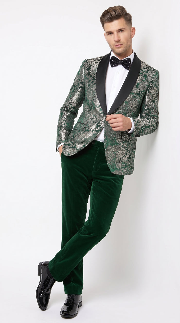 Men’s Emerald Green and Gold Floral Jacquard Tuxedo Suit, Black Satin Shawl Lapel Wedding Prom Formal Suit