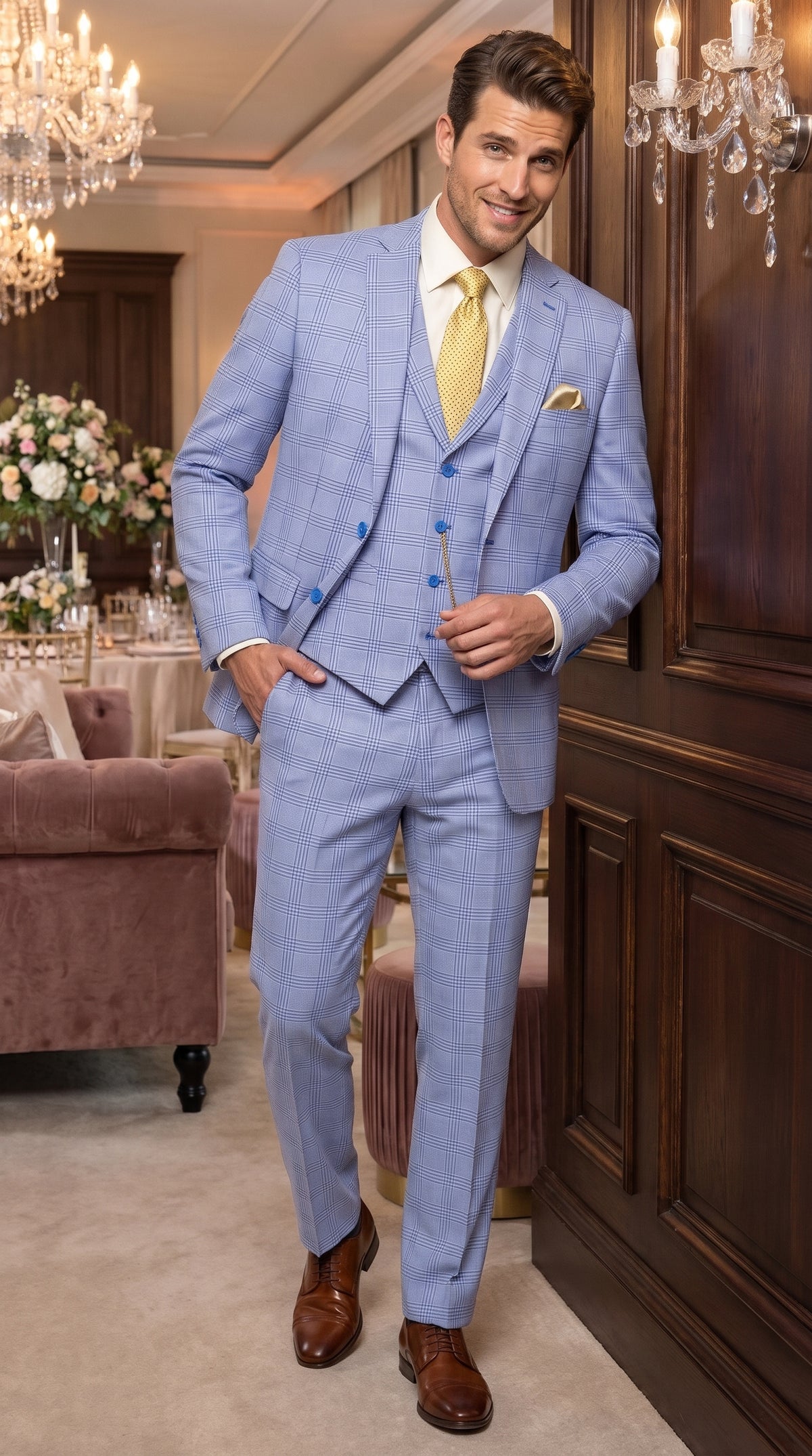 Men’s Sky Blue Glen Plaid 3 Piece Suit SV2W6, Windowpane Checkered Vested Formal Wedding Prom Suit