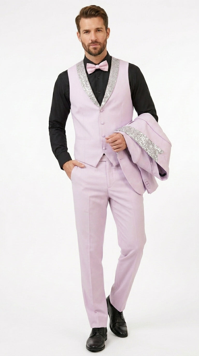 Gray and Pink Prom Tuxedo - Perfect Wedding Suit Vested rhinestone sequin Lapelled