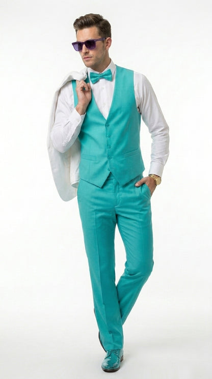 White and Turquoise Tuxedo Wedding Suit - White Dinner Jacket + Vest + Pants + Bow-tie
