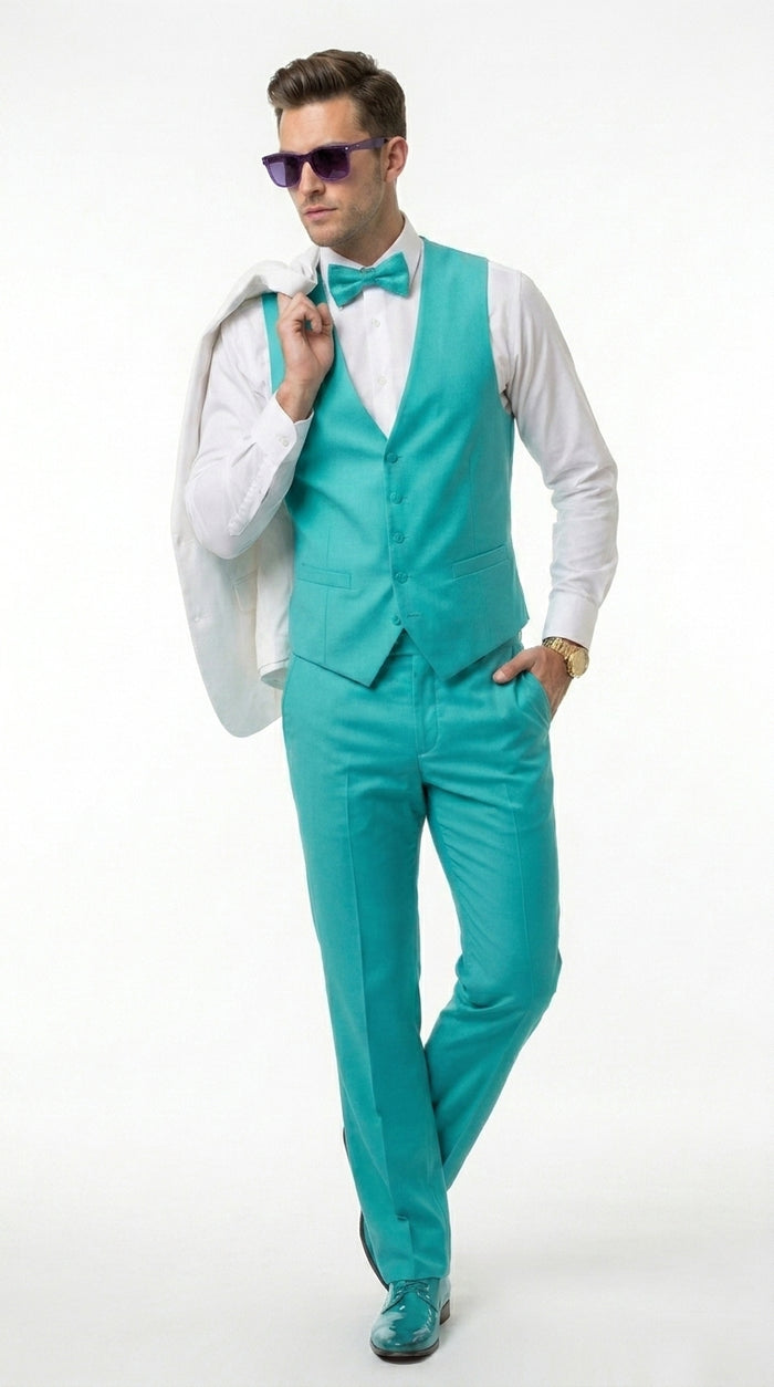 White and Turquoise Tuxedo Wedding Suit - White Dinner Jacket + Vest + Pants + Bow-tie