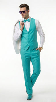 White and Turquoise Tuxedo Wedding Suit - White Dinner Jacket + Vest + Pants + Bow-tie