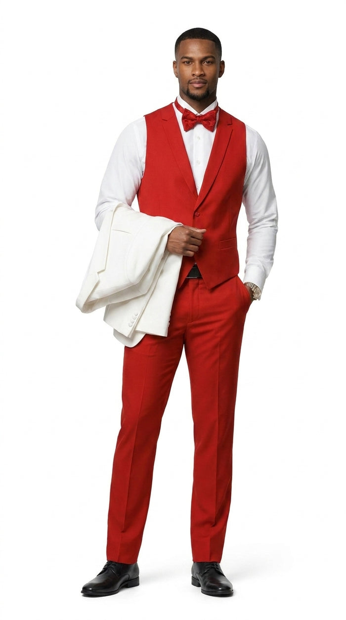 White and Red Tuxedo Wedding Suit - White Dinner Jacket + Vest + Pants + Bow-tie
