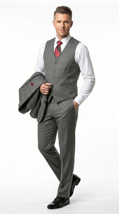Men’s Medium Grey Classic Vested Pinstripe Suit with Jacket, Vest and Pants, Formal Dress Suit