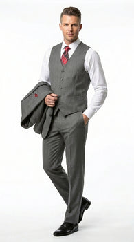 Men’s Medium Grey Classic Vested Pinstripe Suit with Jacket, Vest and Pants, Formal Dress Suit