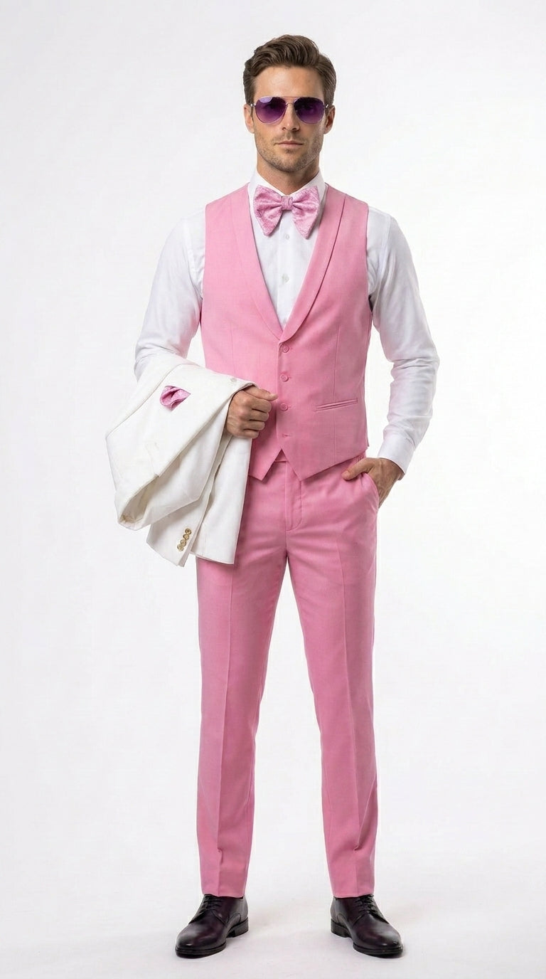 Men’s White and Light Pink Tuxedo Wedding Suit with Dinner Jacket, Vest, Pants and Bow Tie